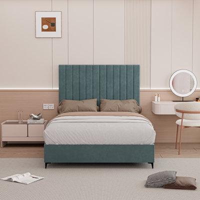 Luxury Velvet Upholstered Platform Bed with Headboard, Premium Foundation, No Box Spring Needed