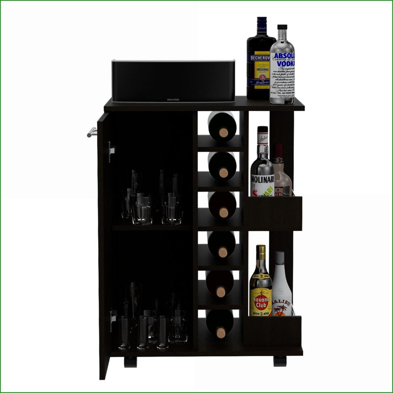 Chariot-bar avec armoire fermée, tablettes ouvertes et amp; Roulettes verrouillables | Finition noir wengé | Noir | Panneau de particules