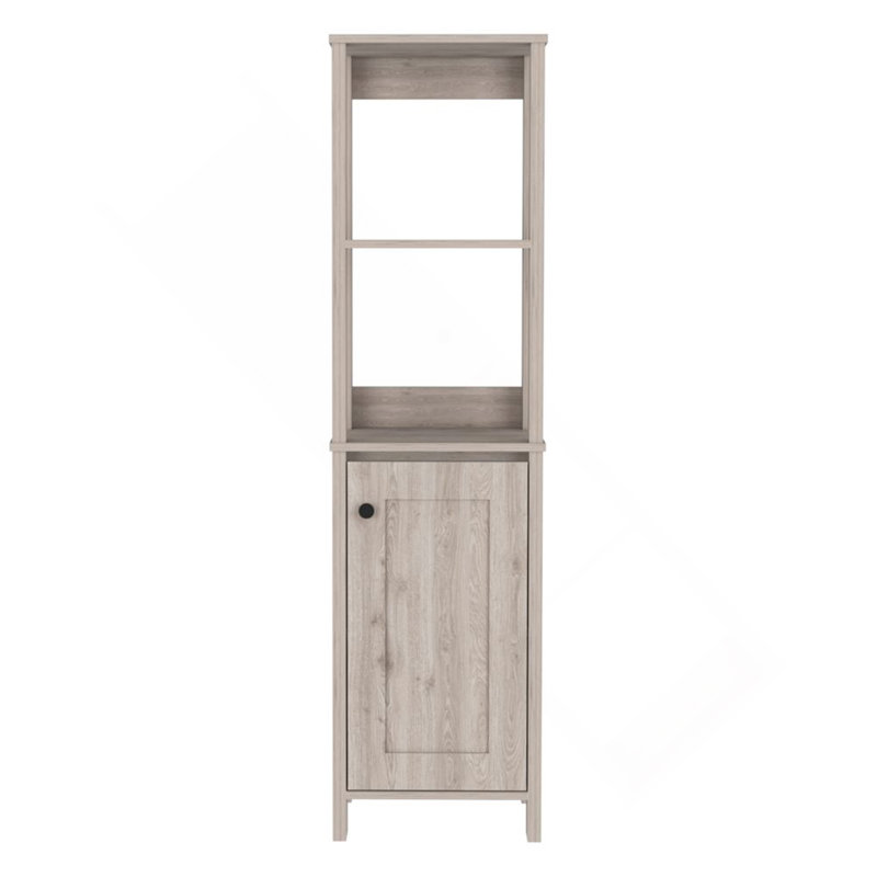 Armoire à linge, deux tablettes intérieures, deux tablettes ouvertes, une porte, Gris