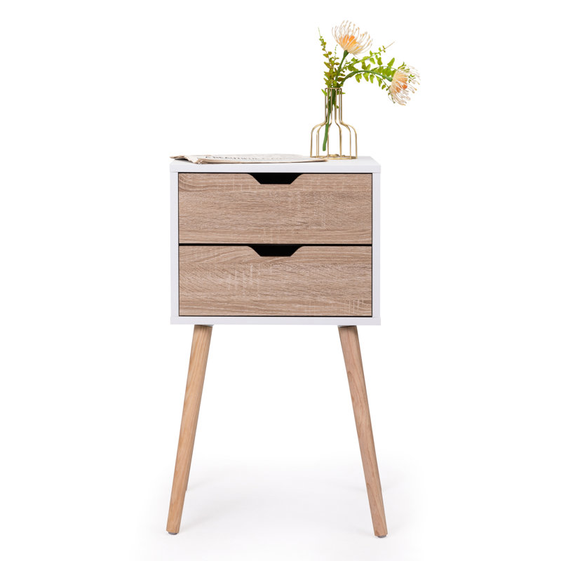 Table de chevet moderne moderne en noyer blanc, 2 tiroirs, base en bois massif pour la décoration de la chambre à coucher, pieds, surface