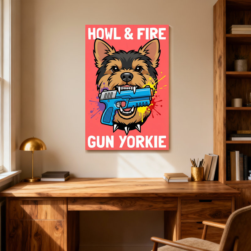 Chiens de Yorkie avec pistolet, H 36 po x l 24 po