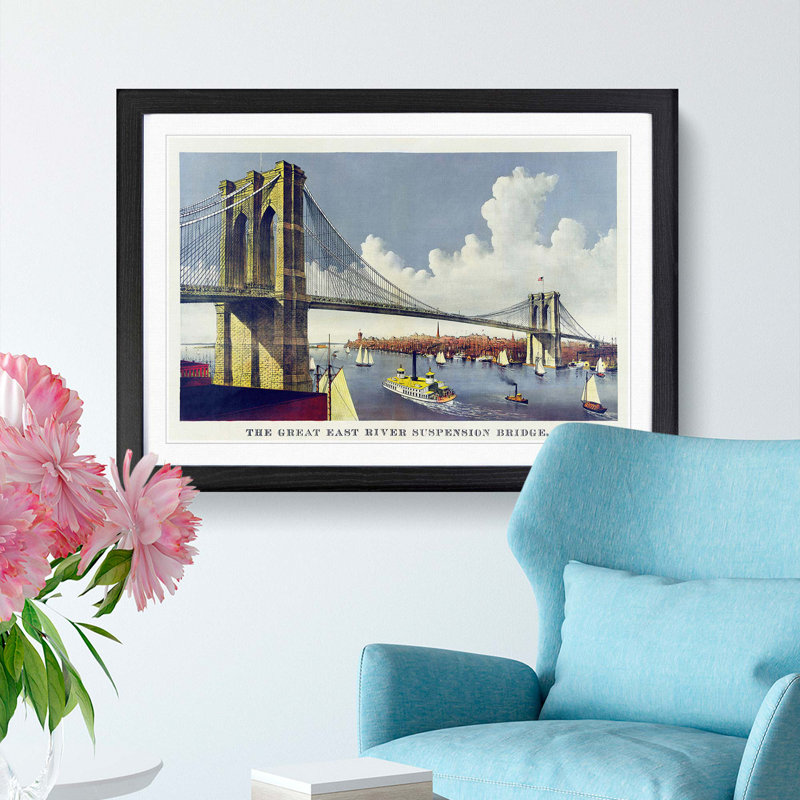 Illustration of Brooklyn Bridge - Picture Frame Painting Print, 48cm H x 65cm W x 2cm D, Black Framed