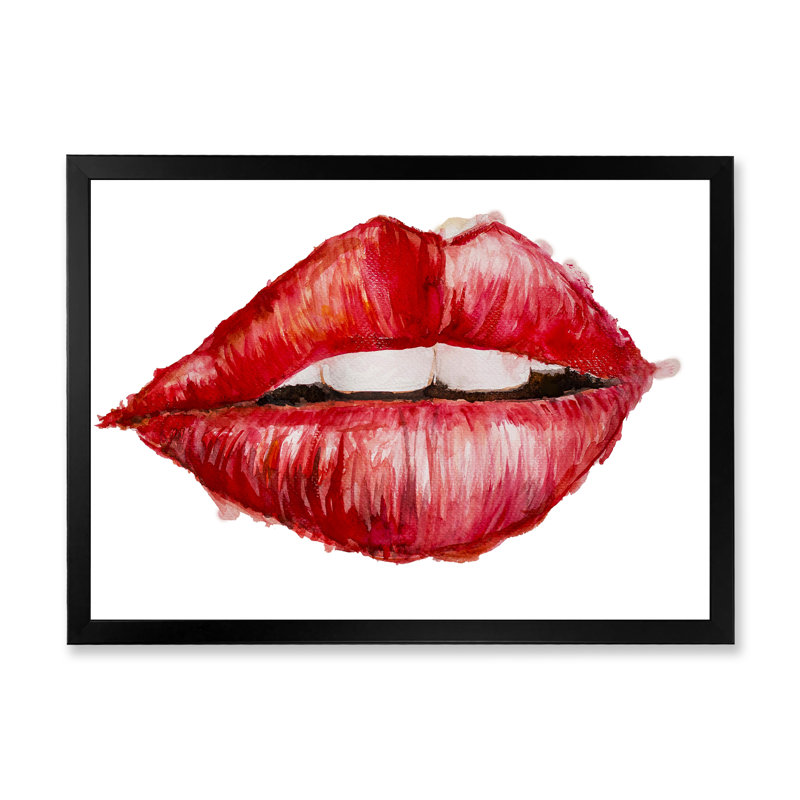 Valentines Day Red Woman Lips - peinture sur toile, H 16 po x l 32 po x p 1 po, Cadre photo noir