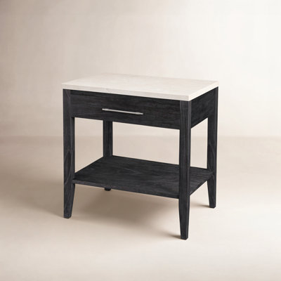 Isa 22 in. W Marble Top 1 Drawer Nightstand with Shelf, Washed Black