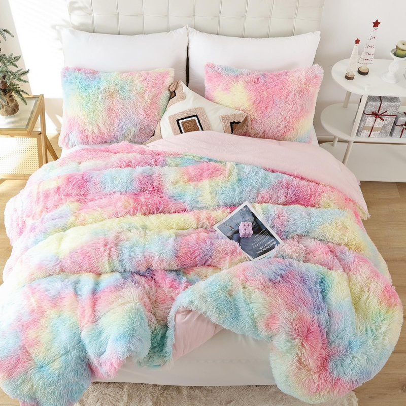 Fluffy Comforter Set 2 Pieces- All Seasons Luxury Fuzzy Comforter With One Pillowcase, Rainbow