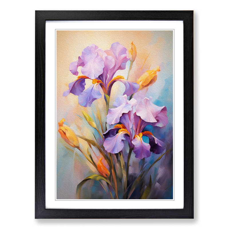 Iris Flower Impressionism - Single Picture Frame Print on Wood, 64cm H x 46cm W x 2cm D, Black 