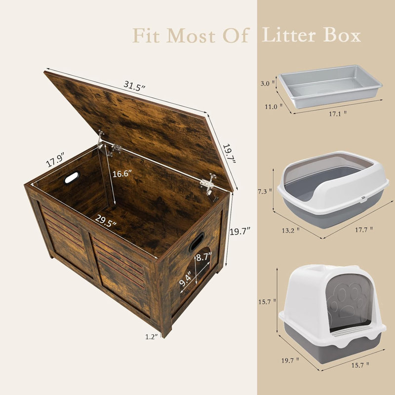 Rustic Brown Wooden Cat Litter Box Enclosure Cabinet