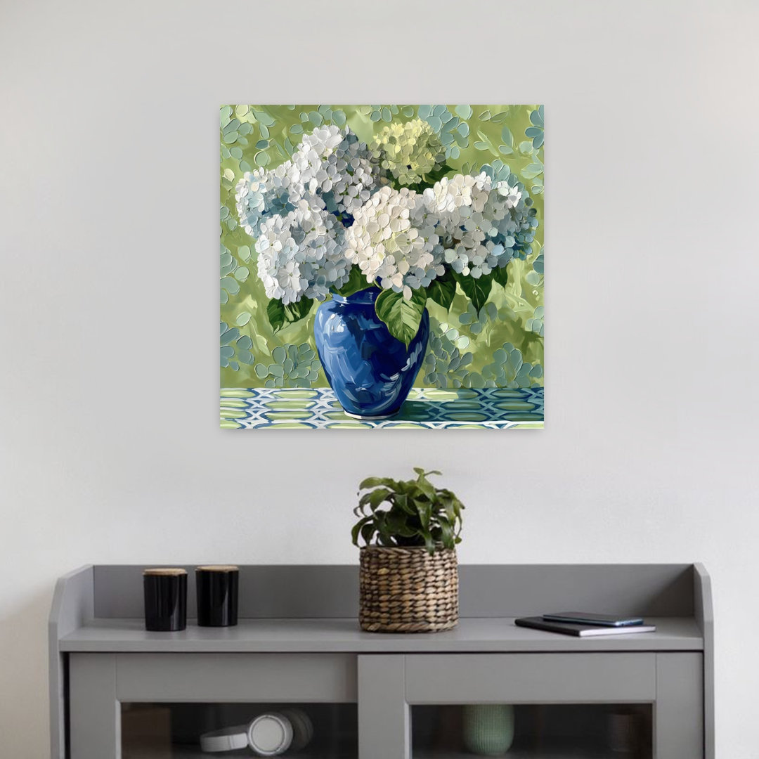 White Hydrangeas Blue Vase Contemporary Elegant Geometric Hydrangea Flower Nature Wall Art Print