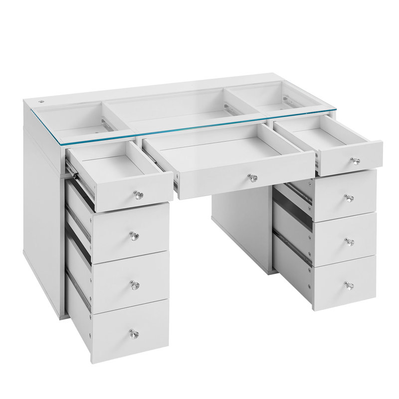 Slaystation Kids Vanity Table With LED Strip Light Tabletop, Faux Crystal Luxe Knobs 7 Storage Drawer Units, Clear Glass Top And Tri Tone Lighting