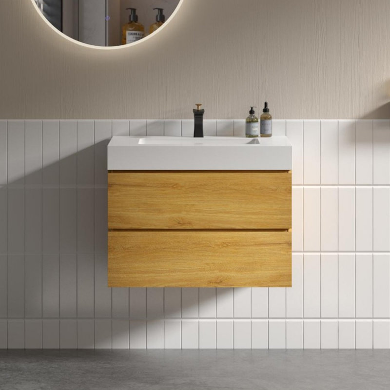 Xiong 30,00 po X P 18,10 po P 25,20 po Meuble-lavabo mural H en bois de chêne avec plateau blanc