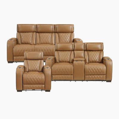 Dahmen Modern & Contemporary Faux Leather Power Reclining 3-Piece Living Room Set with One-Touch Power Recline, Adjustable Headrests & Multi-Function by Latitude Run