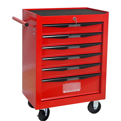 6 - Drawer Rolling Metal Tool Cabinet, Red & Black, 4 Wheels, Pull Handle, Bearing Slides Workshop Chest, Universal Lockable Drawers, Black Steel