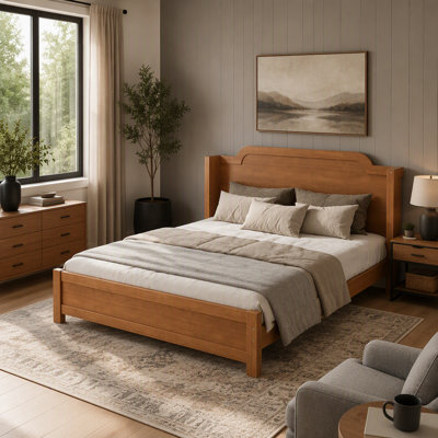 Lit plateforme en bois massif avec tête de lit, fini brun et design minimaliste, montage facile, sommier non requis