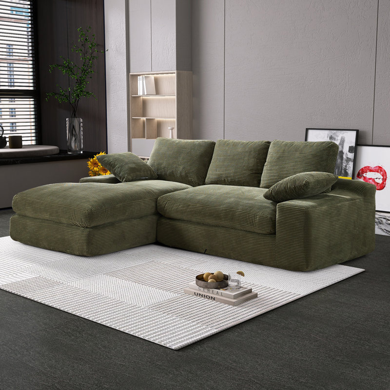 Canapé modulaire en forme de L avec méridienne Boneless, Velours côtelé vert armée