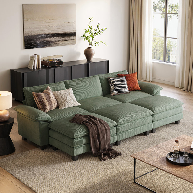 Canapé modulaire rembourré en U de 123 po avec 3 repose-pieds Colbey, Velours côtelé vert