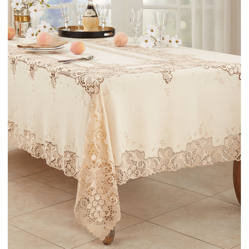 Milene Runner_Elegant Tablecloth With Lace Design, Ecru, 102" x 67"