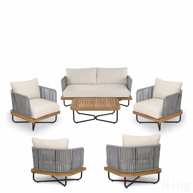 Ensemble de conversation d'extérieur 6 pièces en bois d'acacia et tissé Paito, Beige