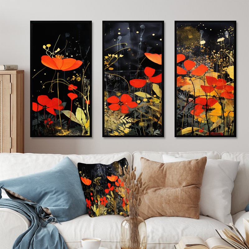 Art mural moderne orange et vert tropical - Collages abstraits, Cadre flottant noir, H 32 po x l 48 po x P 1 po