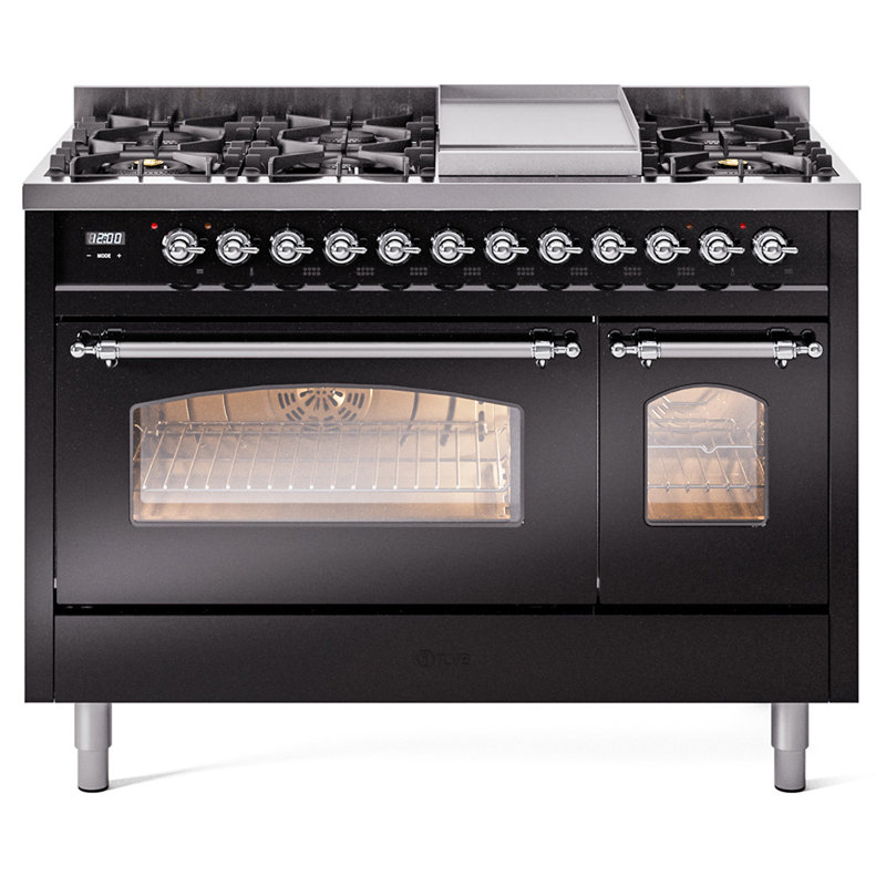 ILVE Nostalgie II Series 48 inch Dual Fuel Range with 8 Sealed Burners, Griddle (Glass Door), Glossy Black/Chrome