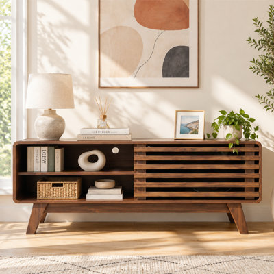 Meuble télé 46 po Mid-Century avec porte coulissante à lattes pour salon, noyer