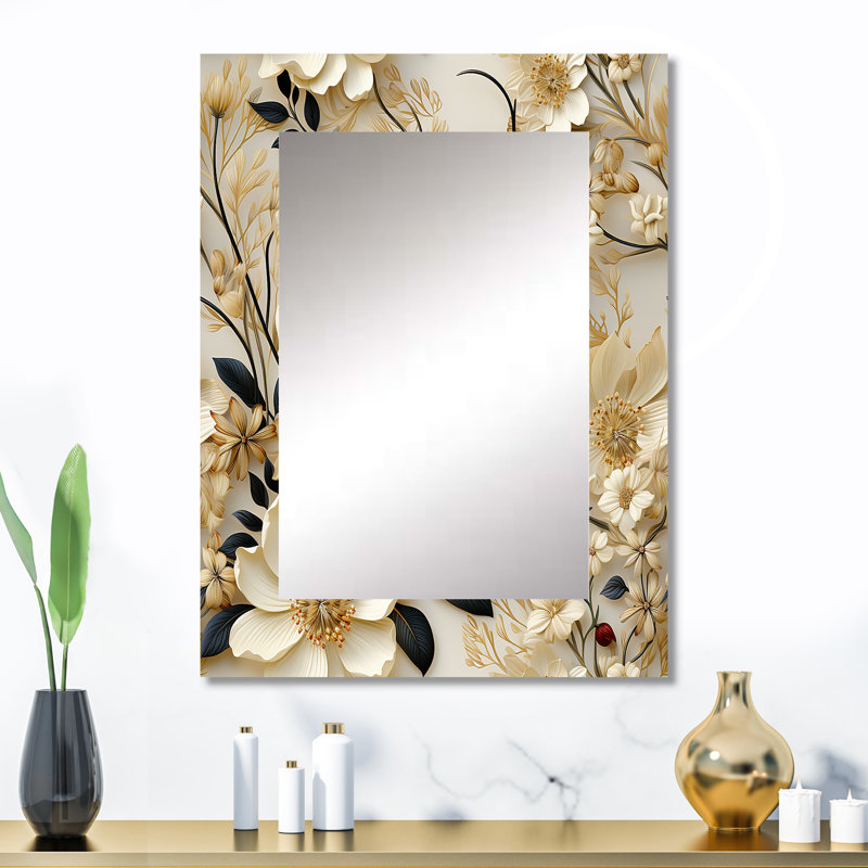 Mosinee crème délicate dentelle fleur botanique - miroir décoratif floral, miroir mural de chalet, impression d'art en métal