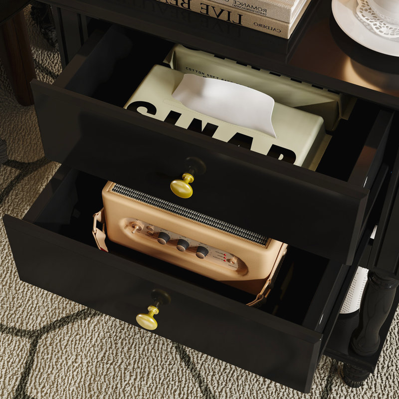 2-Drawer Nightstand With Open Shelf, Carved Floral Detail, And Turned Legs, Black