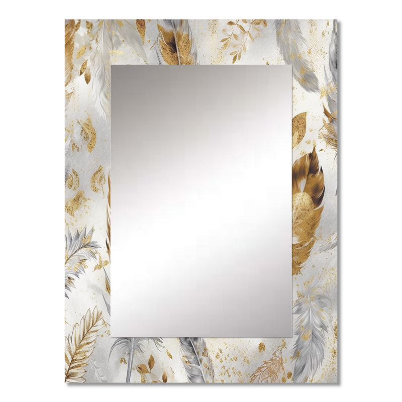 Gold And Silver Impressions Of Bohemian Energy - Boho Feather Mirror, Traditional Decorative Wall Mirror, Printed Metal Art