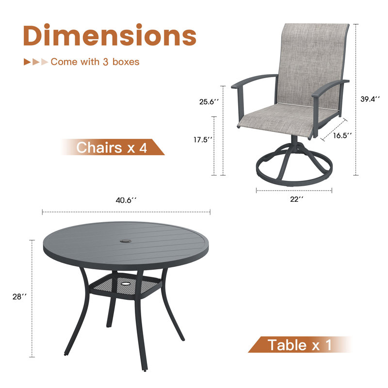 4-Person Patio Dining Set with  Round Metal Dining Table and PVC-coated polyester Swivel Chairs, Gray/Gray