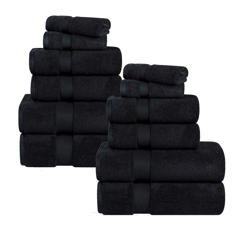 Fatih Zero Twist Cotton Solid Chevron Dobby Border Super Soft Absorbent 12 Piece Assorted Towel Set, Black