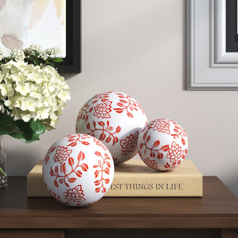 Ensemble de 3 orbes décoratives traditionnelles en céramique - 6 po x 6 po x 6 po, Blanc/rouge, Couleur unie