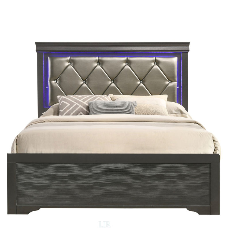 Lit simple moderne à DEL avec cadre en bois durable et tête de lit capitonnée luxueuse en gris, Lit simple