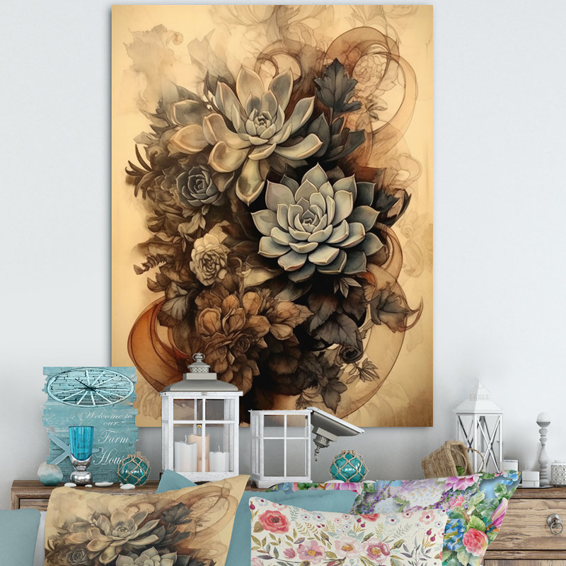 Gris, brun, résilience des plantes grasses, H 20 po x l 12 po x P 1 po, Toile tendue
