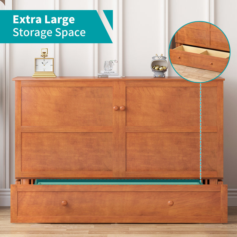 Queen Murphy Bed Cabinet with Storage Drawer,Space-Saving Wall Beds for Home, Office, Guest Room, Cherry