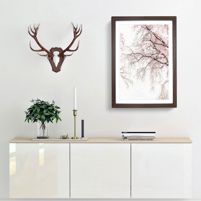 A Pink Cherry Blossom Tree Abstract - Picture Frame Painting Print, 33cm H x 24cm W x 2cm D, Walnut Framed