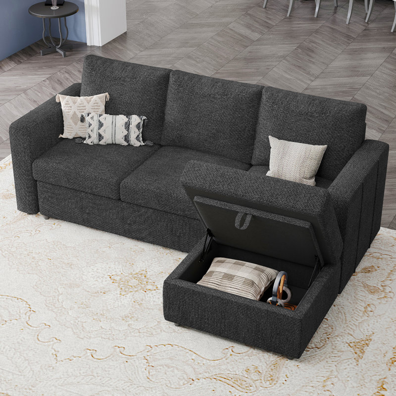 Canapé modulaire avec repose-pieds et rangement 3 pièces Rafael, Chenille grise foncée