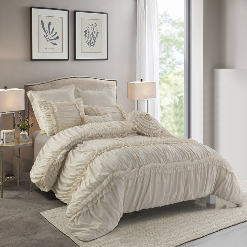 7 Piece Brushed Microfiber Plain Weave Comforter Bedding Set With Accent Pillows, King Comforter + 6 Additional Pieces, Camel
