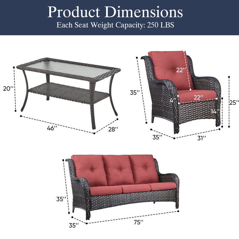 Carolina 5-Person Square Outdoor Conversation Set With 3-Seat Sofa And Armchair, Red