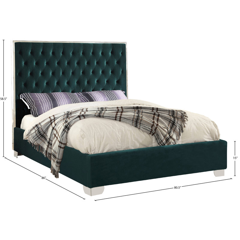 Spadaro Upholstered Platform Bed, King, Green Velvet, Silver