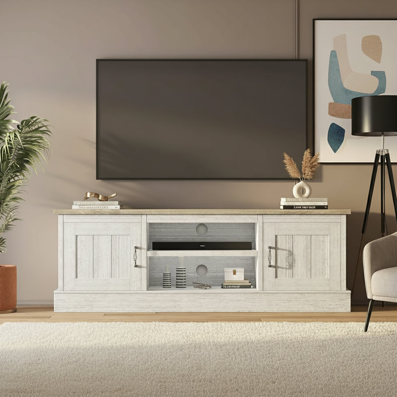Farmhouse TV Stand, With Storage Cabinets, Dark Light