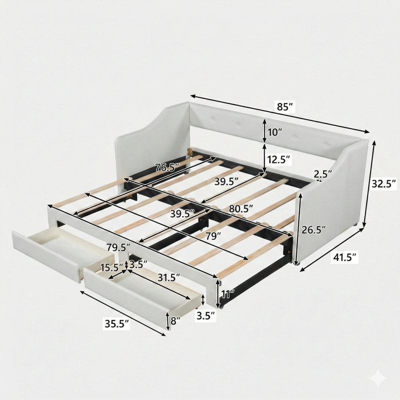 Twin XL To King-Sized Upholstered Daybed With Two Drawers. Available In Beige.