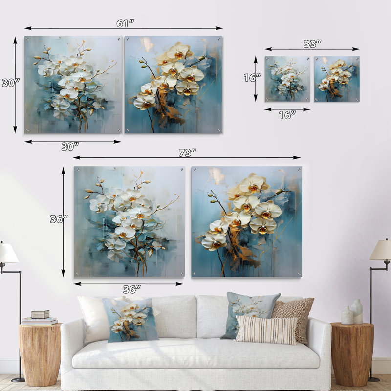 Orchidée beige et or floral élégant I - Orchidées murales en acrylique, ensemble de 2 verres, H 16 po x l 33 po