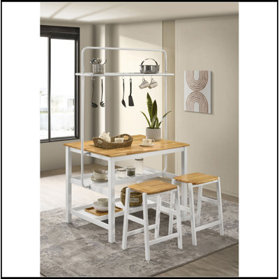 Prager 3-Piece Kitchen Island Counter Table Set with Storage and Stools for Modern Farmhouse Style