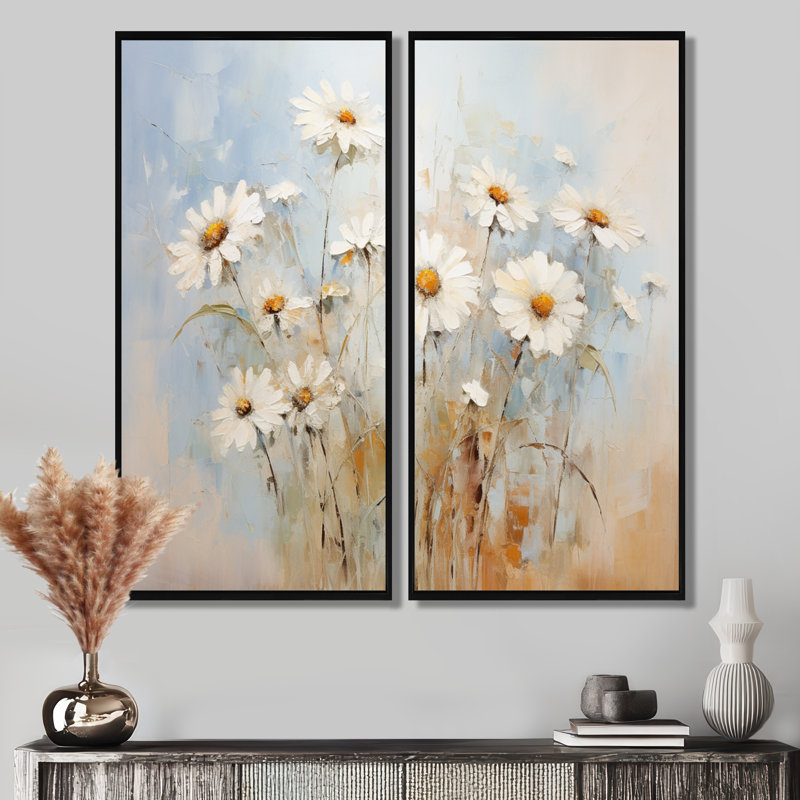 «White Daisy Fields Elegance - Daisies Large Wall Art», ensemble de 2 impressions sur toile florales blanches, Noir