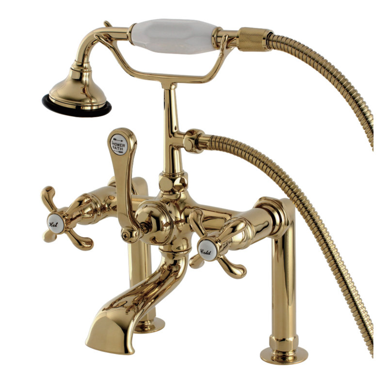 Kingston Brass French Country Three-Handle 2-Hole Deck Mount Clawfoot Tub Faucet with Hand Shower, Polished Brass