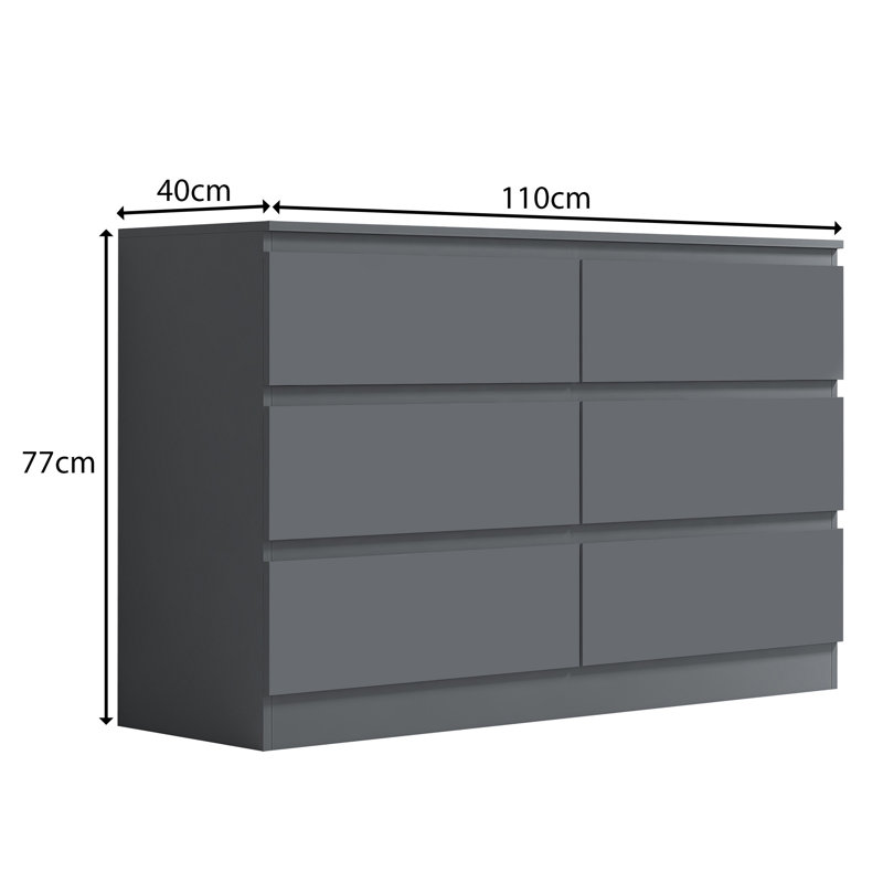 Carlton 6 Drawer Chest Of Drawers. 110cm Wide. 3+3 Configuration. Matt Finish. Scratch Resistant. Modern No Handle Design.