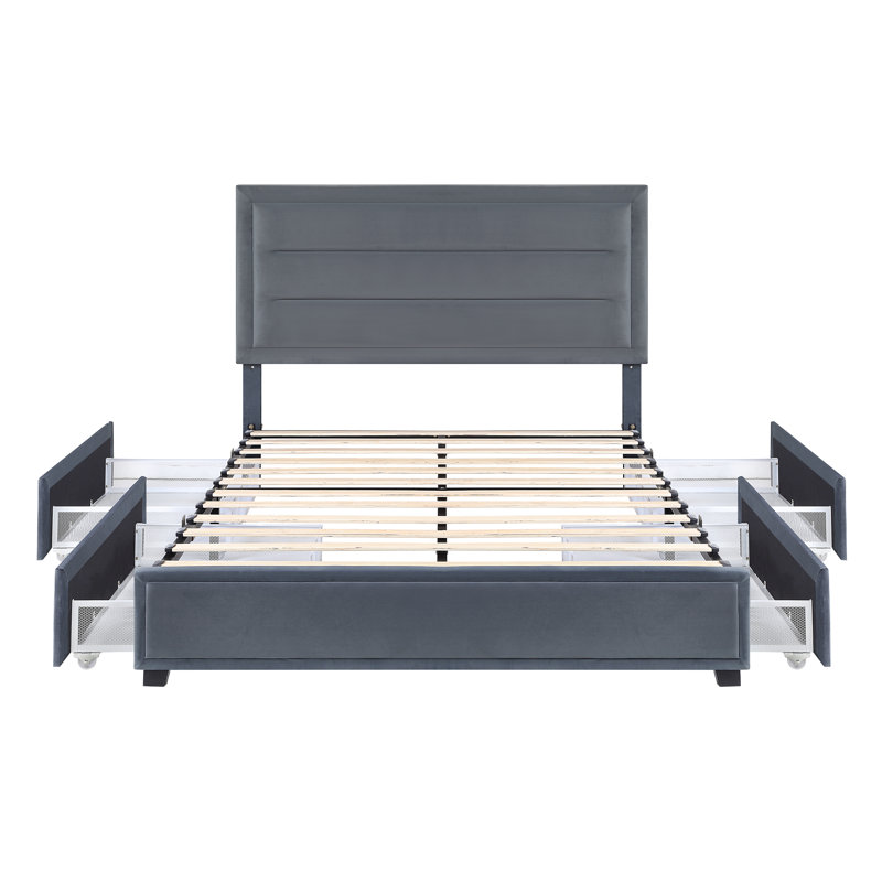 Lit plateforme tapissier avec rangement, Double, Gris