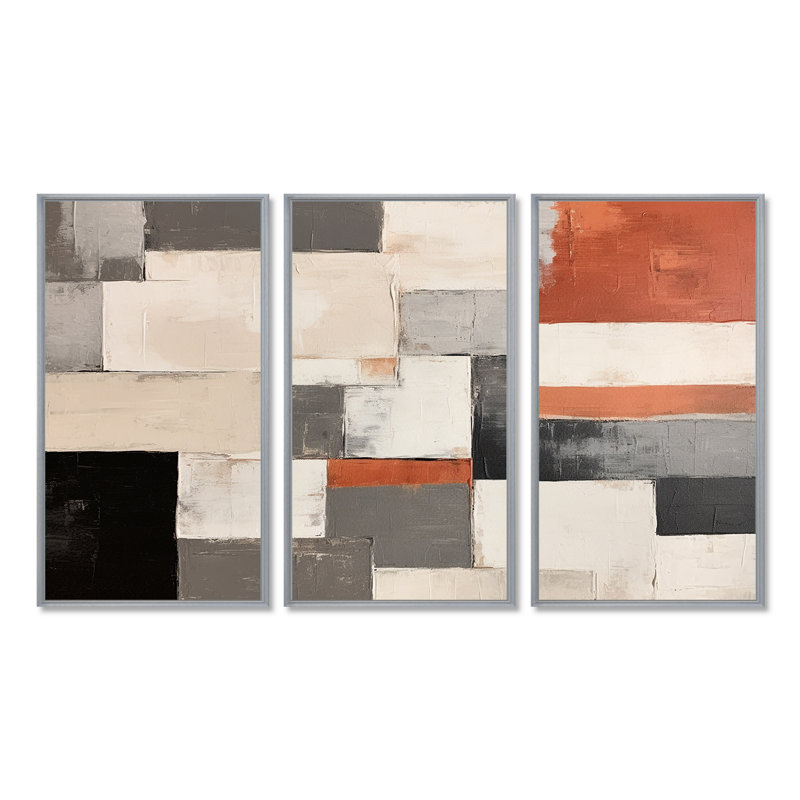 «Earthy Abstraction Cubist Modernism Beige Brown», ensemble de salon d'art mural abstrait, Encadrement argenté