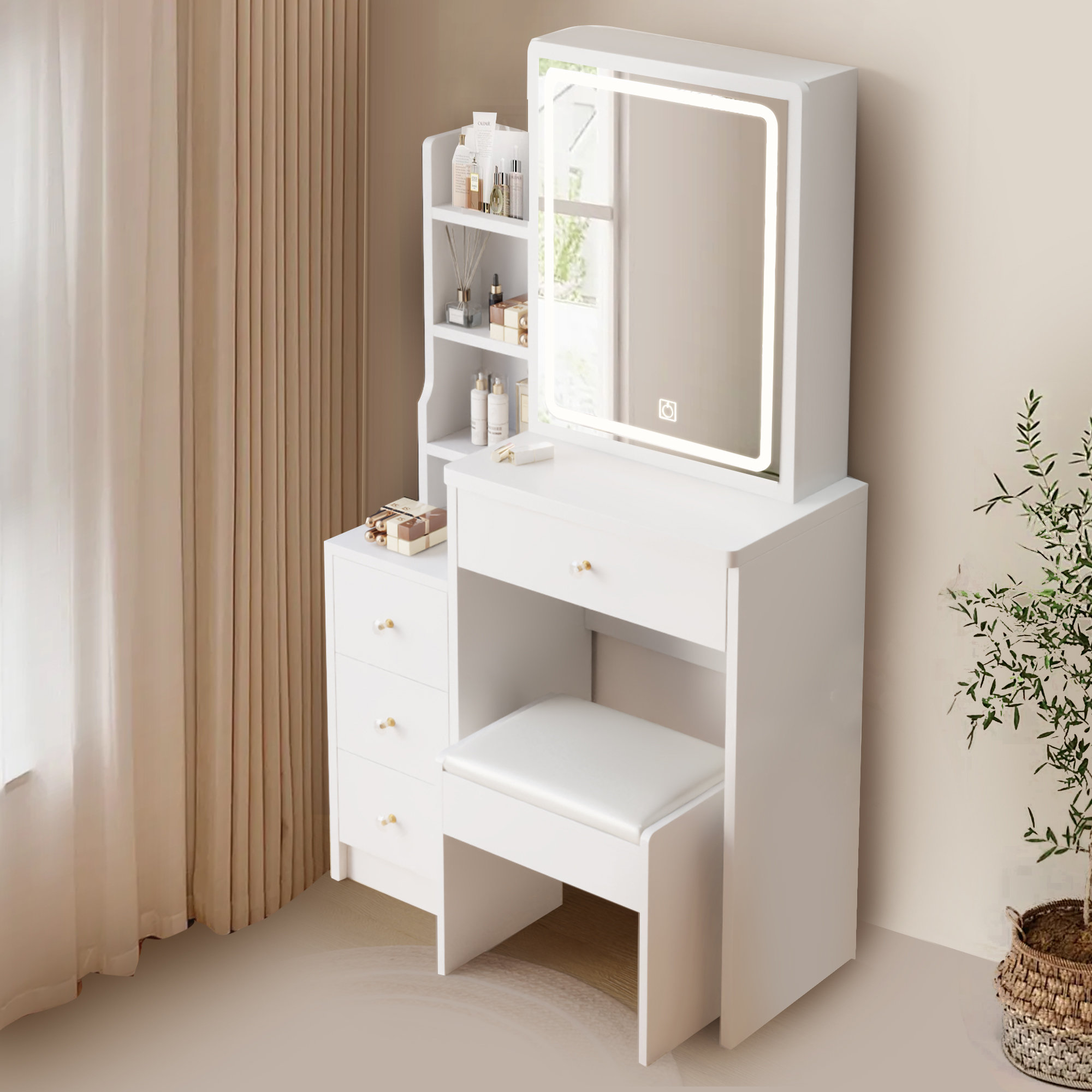 Brayden Studio® White Dressing Table With LED Mirror, And Stool Wayfair