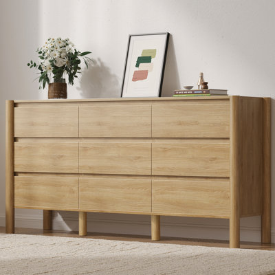 Commode 9 tiroirs 63 "avec pieds en bois massif pour chambre à coucher, salon, chêne