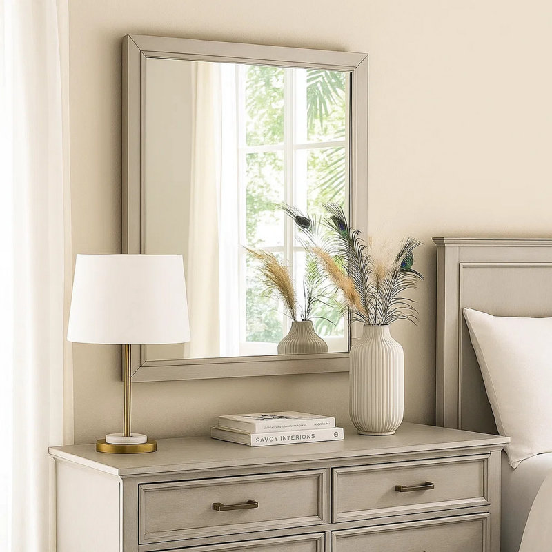 Miroir de commode, bois d'hévéa blanc antique subtil, carré 40 po